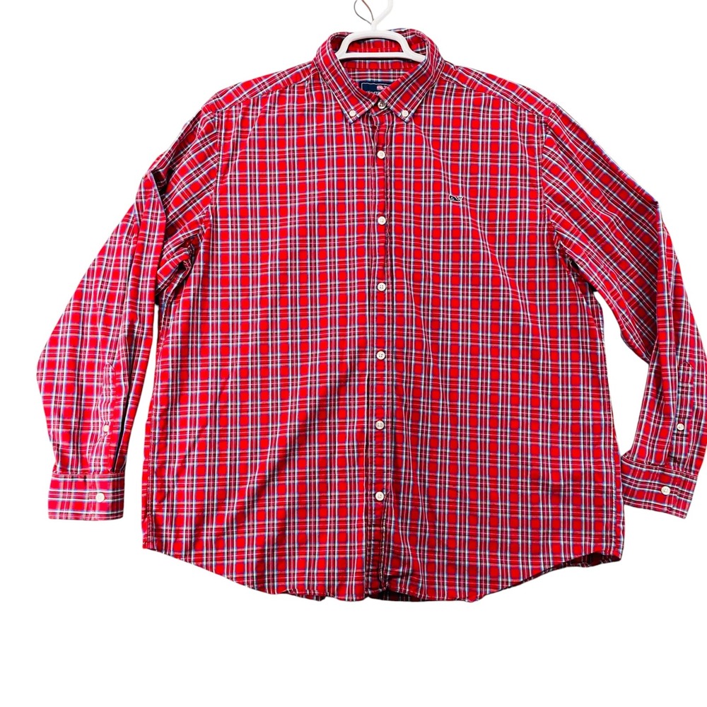 Vineyard Vines Mens 2XL Red Plaid Whale Shirt Cotton Button Down Long Sleeve‎